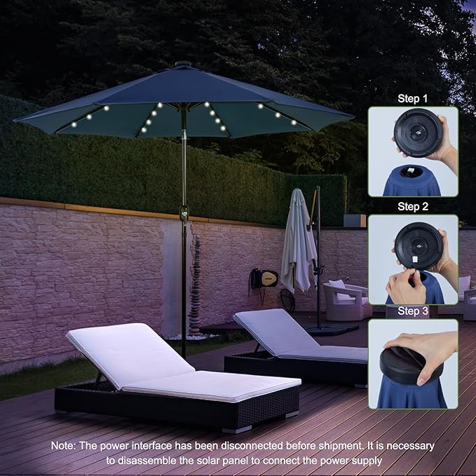 Backyard Expressions 9FT Solar Patio Umbrella with 32 LED Lights, UPF50+ UV Protection, Fade-Resistant Fabric, Easy Tilt & Crank, Outdoor Umbrella for Patio, Deck & Pool (Base Not Included)