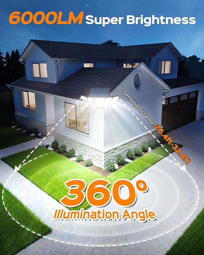 Solar Flood Lights Outdoor,6000LM 336 LEDs Dual Clip on Motion Sensor Lights with 360° Wide Angle &3 Modes, IP65 Waterproof Security Lights for Yard Patio Garage Garden,1Pack