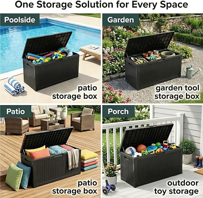100 Gallon Large Deck Box, Premium Wicker Style Imitation Rattan Waterproof Outdoor Storage for Patio Furniture Cushions, Garden Tools & Pool Accessories, Lockable UV Resistant Black
