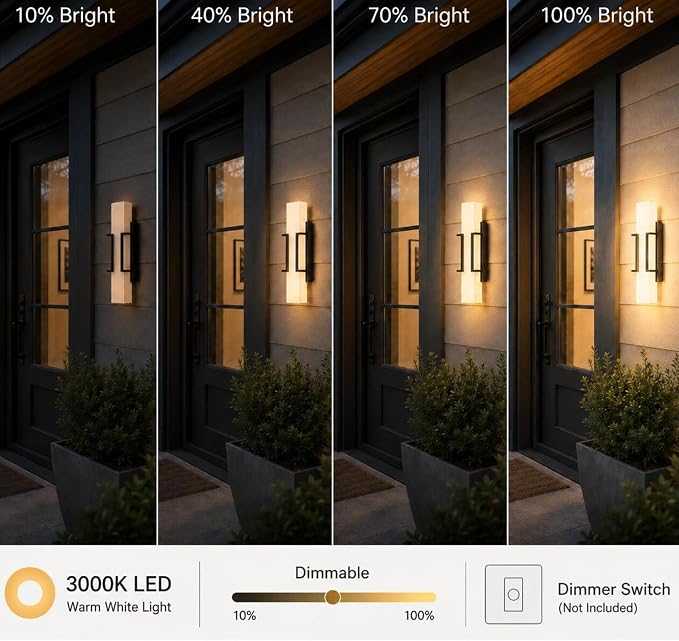 Hyunbae Modern Outdoor Wall Sconce Lights, Black Dimmable LED Porch Light | 16" Exterior Lighting Fixtures, IP65 Wall Mount Waterproof, White Glass Shade, House Garage Patio Use, 3000K Warm Glow
