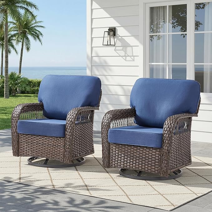 Belord Patio Chairs Set of 2, Wicker Swivel Rocker Outdoor Chairs for Deck Porch Garden, 2 Piece Luxury Patio Furniture Set,Blue