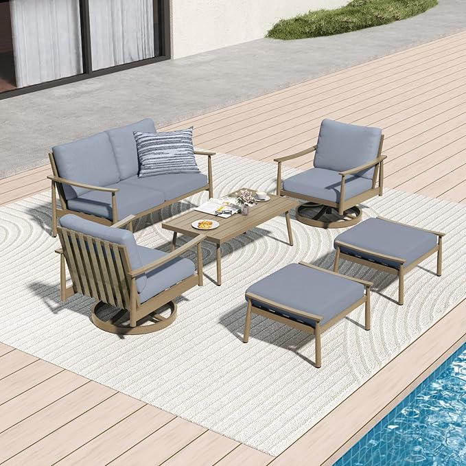 6 Pieces Aluminum Outdoor Patio Furniture Sets with Coffee Table, Cushioned Loveseat and Swivel Chairs with Ottoman, All Weather Conversation Set for Yard Proch Deck, Blue & Brown