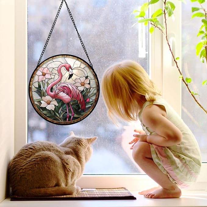 DASTOLL Stained Glass Window Hanging, Flamingo Flower Sun Catchers Diamond Glass Panel Hangings Pink Suncatcher Decor for Birthday for Women, Men, Wife, Aunt, and Mom 15x15 in