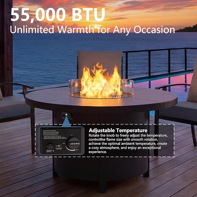 5 Pieces Outdoor Patio Furniture Set with 48" 55000 BTU Round Propane Fire Pit Table,Patio Dining Set Outdoor Conversation Sets 4 Swivel Chairs for Deck,Backyard and Garden,Brown