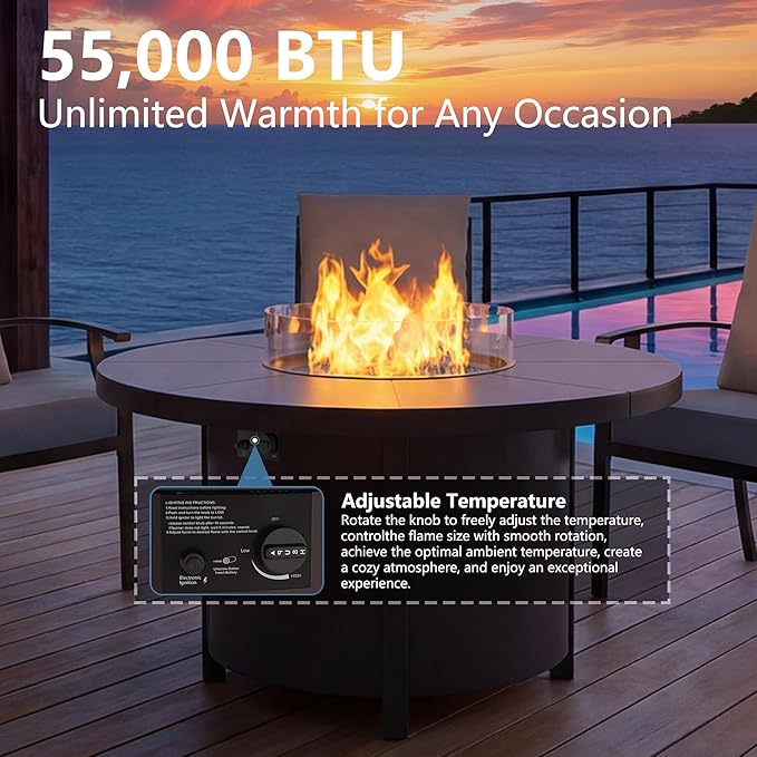 5 Pieces Outdoor Patio Furniture Set with 48" Round Propane Fire Pit Table,Patio Dining Set Outdoor Conversation Sets 4 Swivel Chairs for Deck,Backyard and Garden,Dark Blue