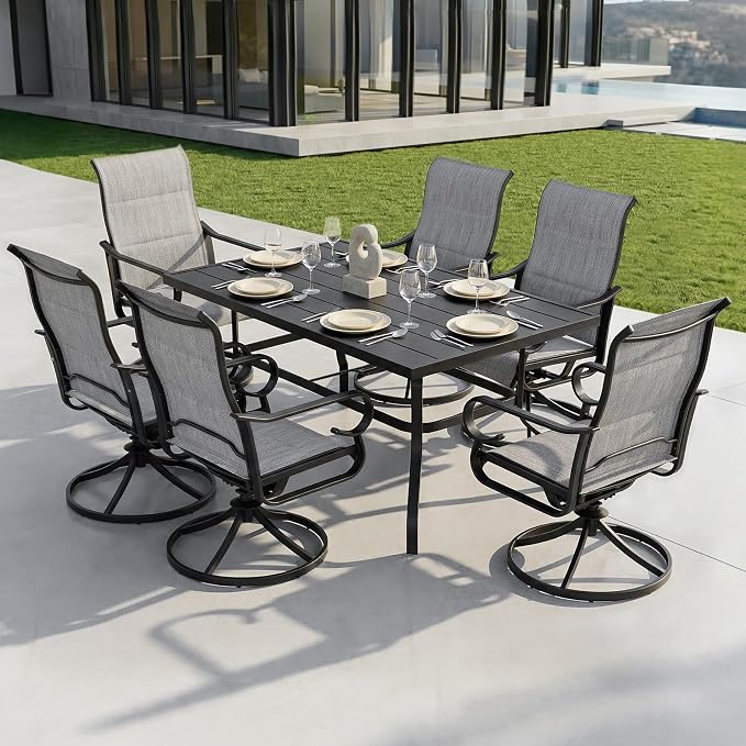 NUU GARDEN 7PCS Outdoor Dining Set with Umbrella Hole, Patio Table and Chair Set, Outdoor Dining Table and Swivel Chairs with High Backrest, All-Weather Padded Textilene Patio Dining Set, Light Gray