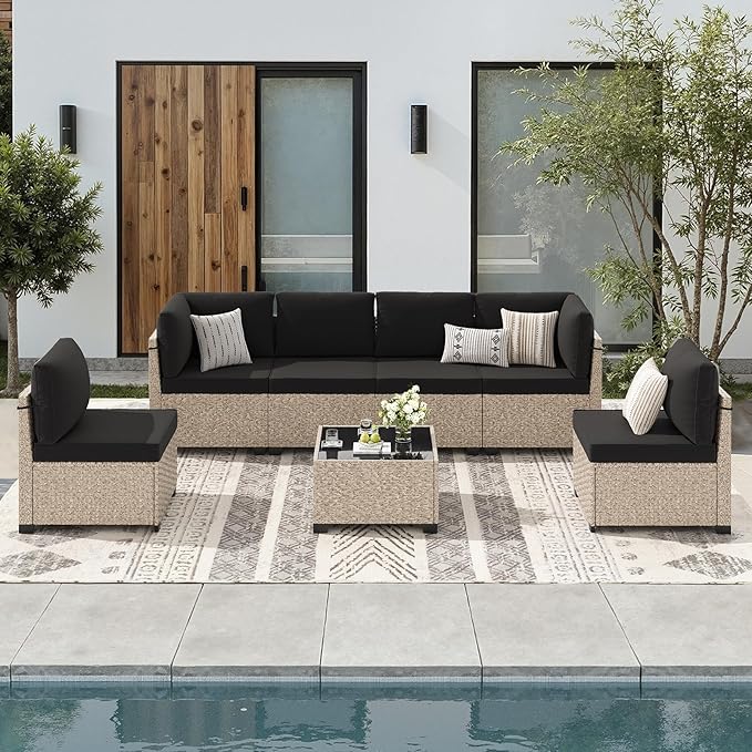 Soohow 7-Piece Patio Furniture Set, Outdoor Sectional All-Weather Wicker Patio Conversation Set for Garden, Porch, Backyard - Black Cushions