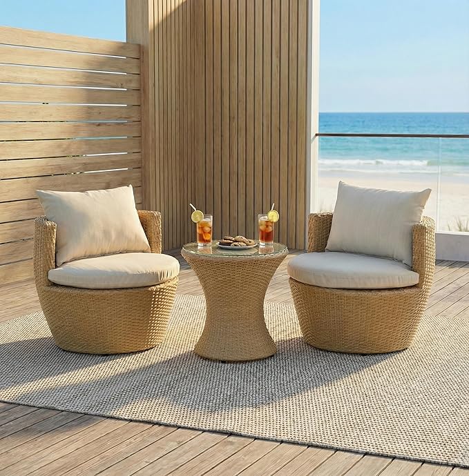 Merax Patio Furniture Set of 3, Outdoor PE Rattan Wicker Chairs with Cushion & Glass Coffee Table for Balcony Garden Front Porch, Patio Conversation Sets for 2, Sturdy Aluminum Frame, Beige