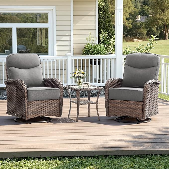 Luxury Wicker Patio Furniture Set with 6-Inch Thick Cushions, 3 Pieces Outdoor Swivel Rocker Patio Chairs Set of 2 with Rattan Side Table, Outdoor Patio Conversation Sets for Garden Deck, Gray