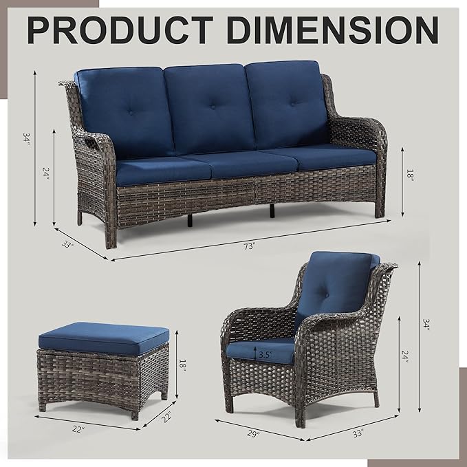 Outdoor Wicker Couch Set 6 Pieces - Outdoor Wicker Patio Furniture Set with 2 Armchairs, 2 Couch and 2 Ottomans, Olefin Cushions Included(Mixed Grey/Blue)