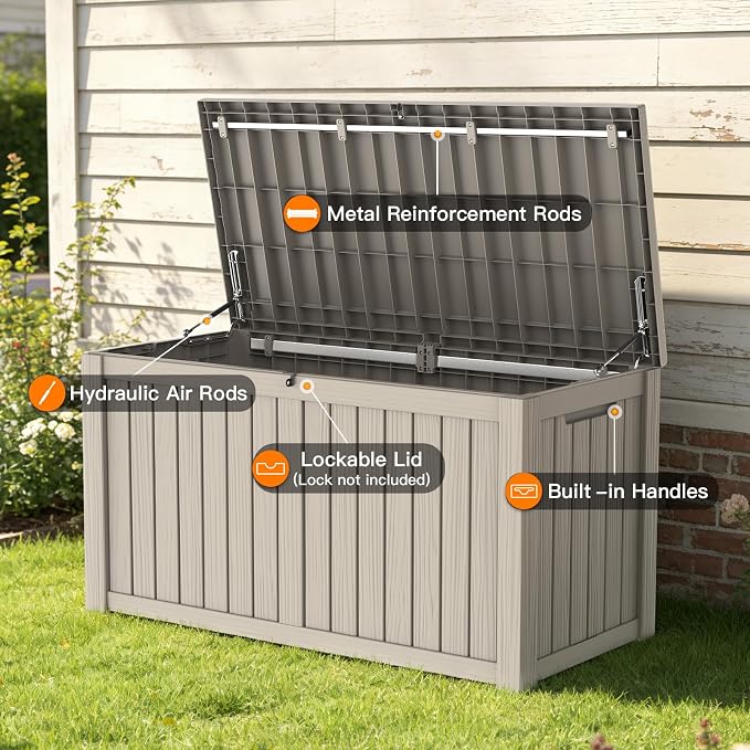 Mars Villa 150 Gallon Outdoor Storage Box, Large Resin Deck Box Waterproof, for Pool Supply Storage, Outdoor Patio Furniture Cushion, with Hydraulic Hinge, UV-Resistant and Weatherproof, Greige