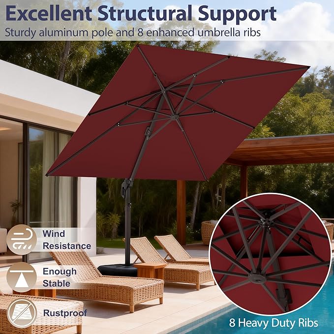 10' X 10' Patio Umbrella Cantilever Outdoor Rectangle Umbrella, Heavy Duty 360°Rotation Offset Umbrella for Garden Deck Pool Patio, Red