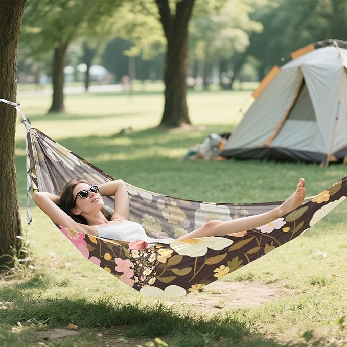 Retro Vibrant Flower Leaves 330lb Capacity Outdoor Hammock with Portabl Carry Bag Backyard Hammock for Patio Backyard Lounge Base hamacas para adultos con soporte