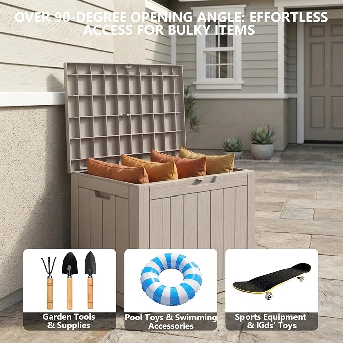 Outdoor Storage Box, 35 Gallon Waterproof Deck Box [Upgraded 3.0], Quick Snap-Lock Resin Cabinet for Seat Pillows, Patio Blankets, Lockable End Table Beverage Stand, Apartment Deck, Grey