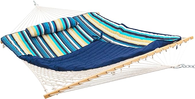 Lazy Daze Hammocks Rope Hammock with Pad, 2 Person Hand Woven Cotton Hammock with Spreader Bar for Outdoor, Indoor, Patio, Poolside, FIT 13-15 Foot Stand, Max 450 Lbs