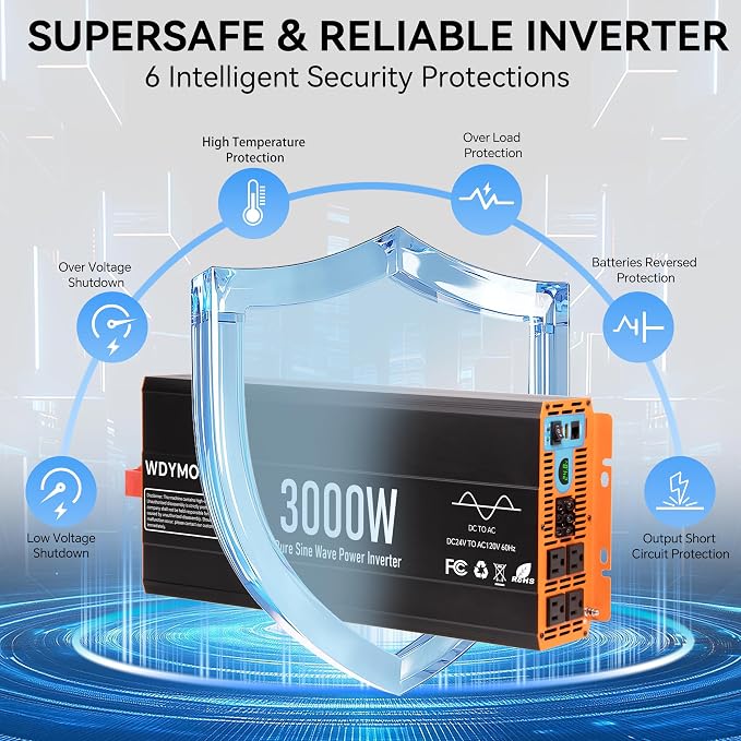 3000W Pure Sine Wave Inverter,24V DC to 120V AC Car Power Inverter 6000W Peak with 4 AC Outlets, 3.0A USB and Type-C, LCD Display 16.5 ft Remote Control for RV Truck Travel Solar Emergency