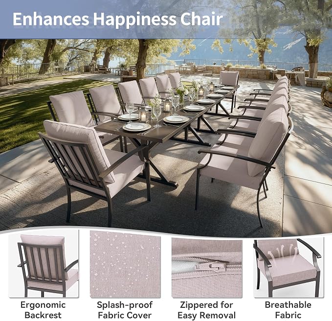 Kullavik 16 Pieces Outdoor Dining Set,Patio Dining Table and Chairs Set for 14,Fence Pattern Back Chairs with Thickened Cushions & X-Frame Metal Dining Table with Umbrella Hole for Patio,Sand