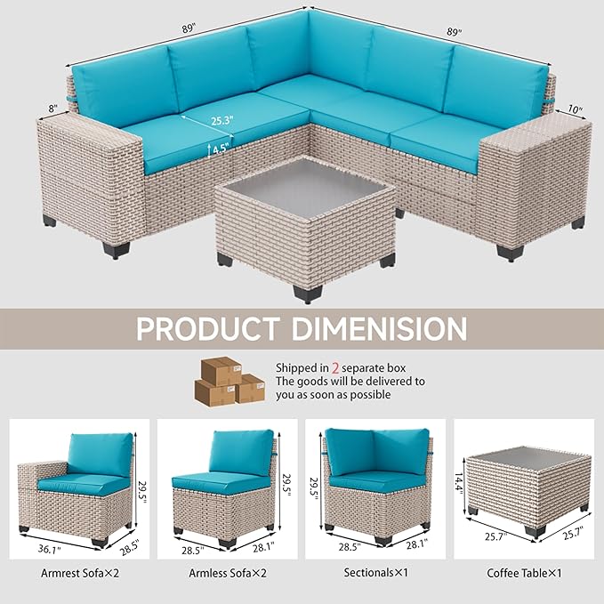 6-Piece Outdoor Patio Furniture Set, Modular Sectional Sofa Set with Glass Coffee Table and Cushions, Wicker Outdoor Couch Conversation Sets, Turquoise