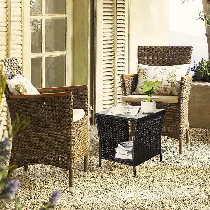 Outdoor Rattan Side Table, Square Coffee Table with Tempered Glass Top and Storage, Black