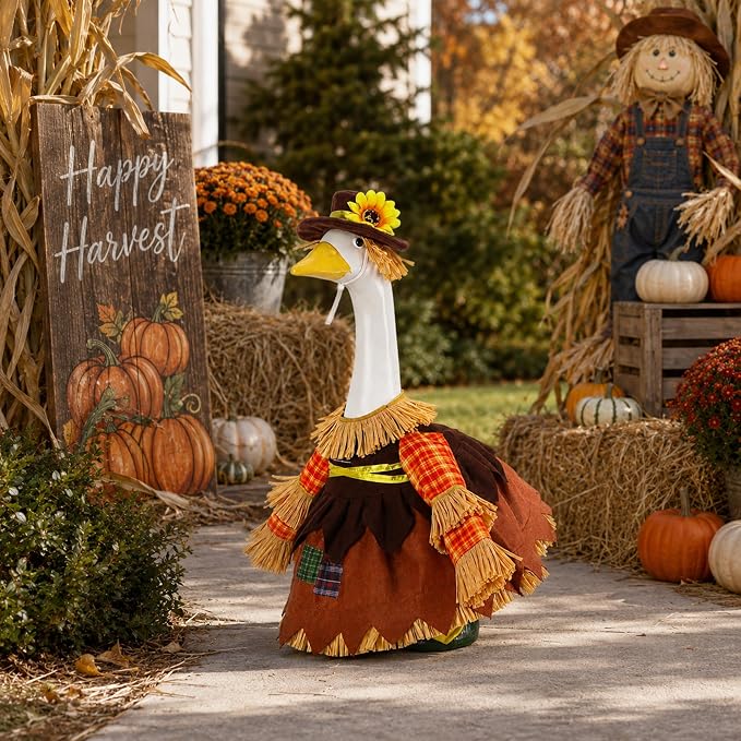 DECOHS 2 Pcs/Set Scarecrow Porch Goose Outfits, Fall Thanksgiving Lawn Goose Statue Scarecrow Costume, Garden Goose Scarecrows Clothes Hat for 23" Statue Autumn Halloween Outdoor Patio Yard Decoration