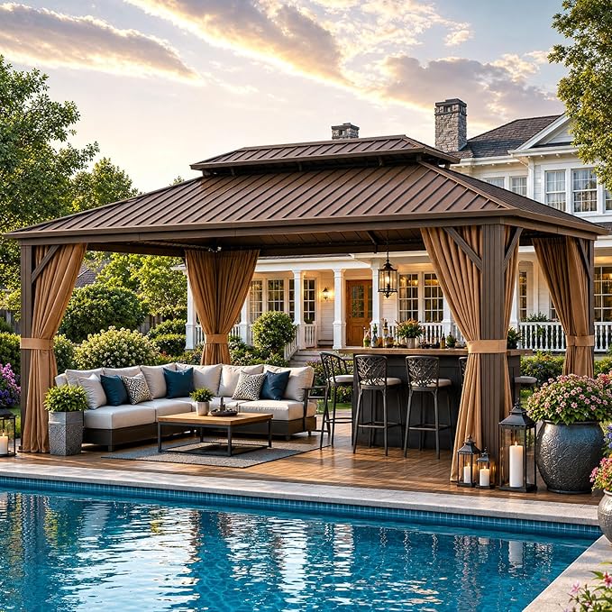 Aoxun 12’x16’ Hardtop Gazebo, Permanent Metal Pavilion with Galvanized Steel Double Roof, Outdoor Pergola with Nettings and Curtains for Lawn, Garden, Patio (Brown)