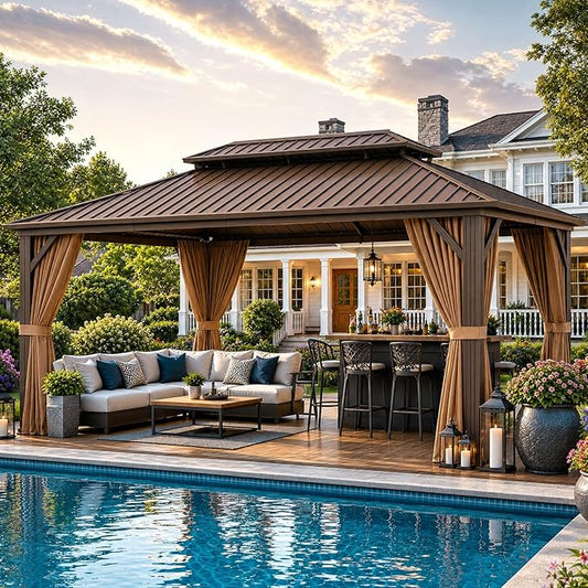 Aoxun 12’x16’ Hardtop Gazebo, Permanent Metal Pavilion with Galvanized Steel Double Roof, Outdoor Pergola with Nettings and Curtains for Lawn, Garden, Patio (Brown)