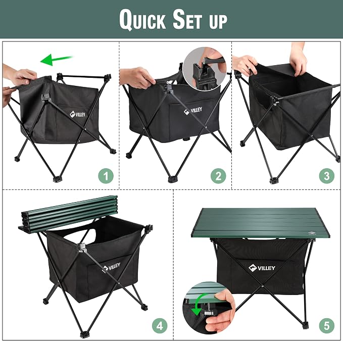 VILLEY Portable Camping Side Table, Ultralight Aluminum Folding Beach Table with Carry Bag and Under-Table Storage Hammock for Outdoor Cooking, Picnic, Camp, Boat, Travel, Medium