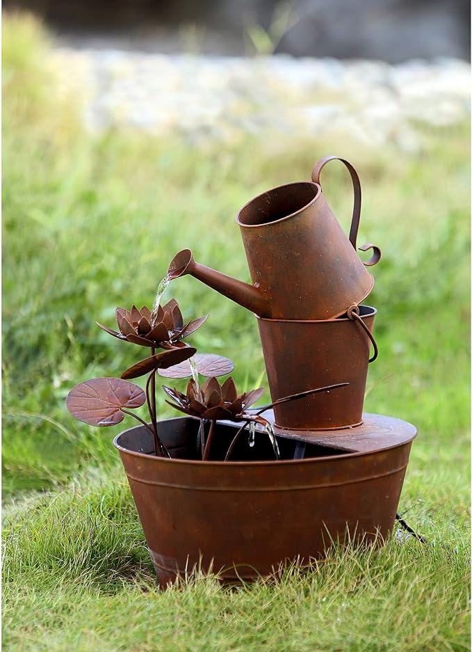 Pemberly Row Poly-Resin and Fiberglass Water Can Fountain, 16.5" D x 14.6" W x 24.4" H, Multicolor Finish, Built-in Pump, Weatherproof Indoor/Outdoor Use, Compact Decorative Garden or Patio Accent