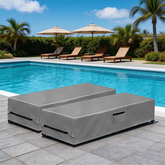Outdoor Chaise Lounge Covers 2 Pack,Heavy Duty 600D Tear-Resistant Lounge Chair Cover Waterproof Outdoor,All-Weather Protection Patio Chaise Lounge Covers,80" L x 28" W x 14" H,Grey