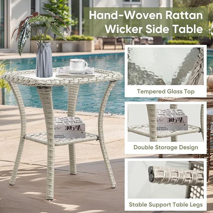 Outdoor Swivel Rocker Patio Chairs-Wicker Patio Swivel Chairs Set of 2 with Side Table PE Rattan Patio Furniture Set for Porch Deck Balcony Garden-Light Grey/Light Blue