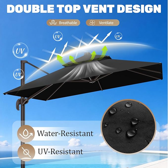 10x10Ft Patio Umbrella Outdoor Cantilever Rectangle Umbrella with Base Included, 6-Level Tilt & 360° Rotation Offset Umbrella for Garden, Deck, Pool(Black)
