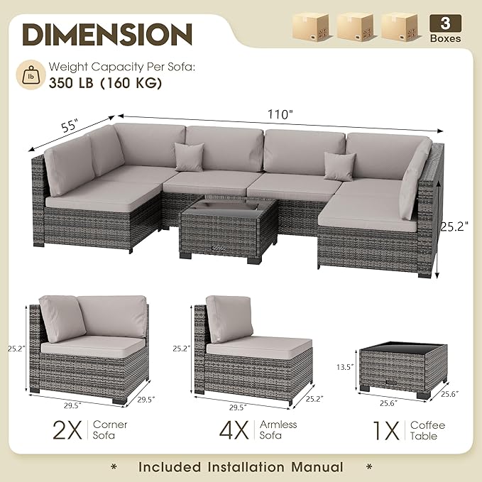 LHBcraft 7 Piece Patio Outdoor Furniture Set, Outdoor Sectional, All-Weather Hand-Woven Wicker Patio Sectional Sofa, Rattan Outside Furniture with Grey Cushion and Glass Coffee Table