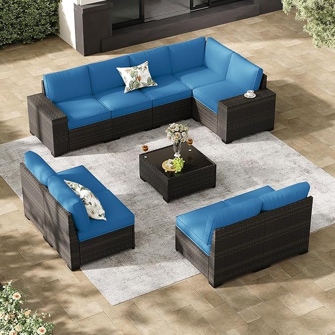 Patio Furniture Set, 10 Pieces Outdoor Couch Sofa with Wider Armrests & Glass Coffee Table, Outdoor Sectional Furniture with Thick Cushions for Party, Poolside,Garden-Peacock