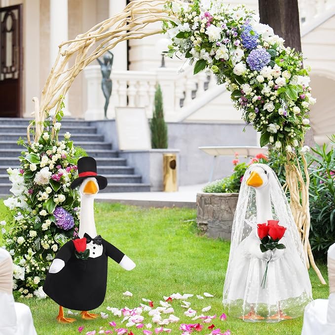 Geyoga 2 Sets Wedding Porch Goose Outfits for 23'' Goose Couple Bridegroom Suit Blazer Bride Wedding Dresses Couple Costume(Flower Style)