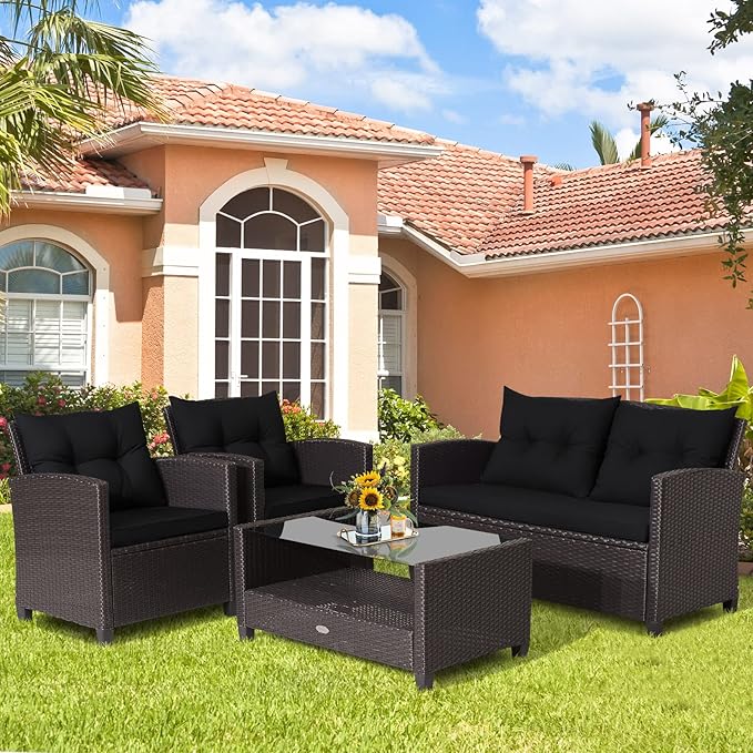 Tangkula 4-Piece Patio Furniture Set, Rattan Wicker Chair Set with 1 Loveseat, 2 Single Sofas, 1 Coffee Table with Tempered Glass Top, Outdoor Furniture Sets for Backyard, Porch, Garden and Poolside