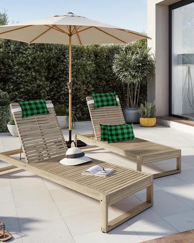 Outdoor Pillows Covers with Inserts Christmas Green and Black Plaid Waterproof Recliner Pillow with Adjustable Strap Throw Pillows for Patio Furniture Pool Lounge Chair, 11x16 inch, 1PCS