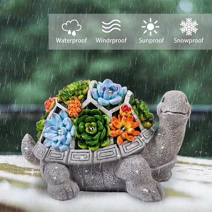 LESES Solar Garden Statues Turtle Figurine Decor with 7 LED Lights Outdoor Decoration Christmas Gifts for Women Mom Grandma Unique Tortoise Statue for Patio Backyard Yard Lawn Ornament