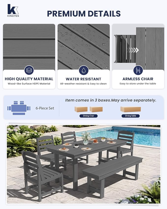 KINGYES 6-Piece Patio Dining Set, HDPE Table, Bench and Armless Chairs Outdoor Furniture Set with Umbrella Hole, Gray
