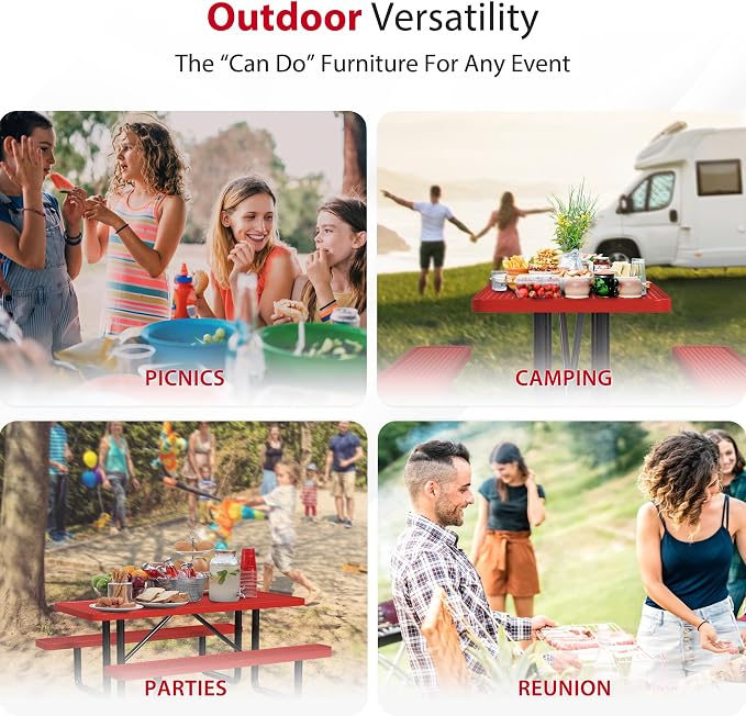 Leisure Craft Metal Picnic Table with Bench - 6 ft Rectangle Outdoor Dining Table for 6, Umbrella Hole, Weatherproof Heavy Duty Thermoplastic Coating, Commercial Grade Furniture Made in USA - Red