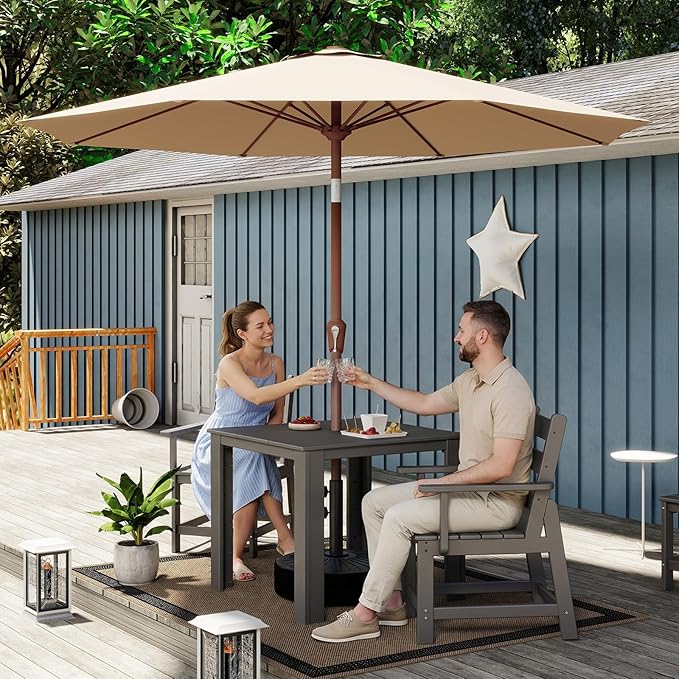 BRIOPAWS 9FT Patio Umbrella with Base Included | Outdoor Table Umbrellas | Push Button Tilt & Crank | 8 Sturdy Fiberglass Ribs | Waterproof | Heavy Duty for Garden Lawn DeckBackyard & Pool