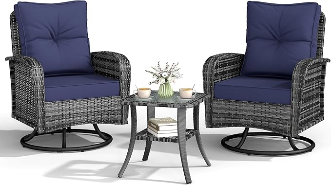 Kromax Outdoor Patio Furniture Set, All-Weather Wicker Swivel Glider Chairs Set of 2 with Coffee Table Table & Thick Machine Washable Cushions for Backyard, Garden, Porch, Grey/Blue