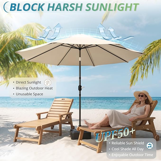 LUE BONA 10FT Patio Umbrella, Waterproof Outdoor Market Umbrella with Easy Crank & Tilt, Patio Table Umbrella for Deck Garden Backyard Pool, Tan