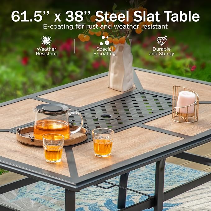 PHI VILLA 7pc Patio Dining Set with Umbrella, Wood-top Table, Rattan Chairs | 61" Wood-top dining table, 6 cushioned rattan wicker chairs, 13ft beige umbrella. Perfect for patio, deck, yard, or porch.