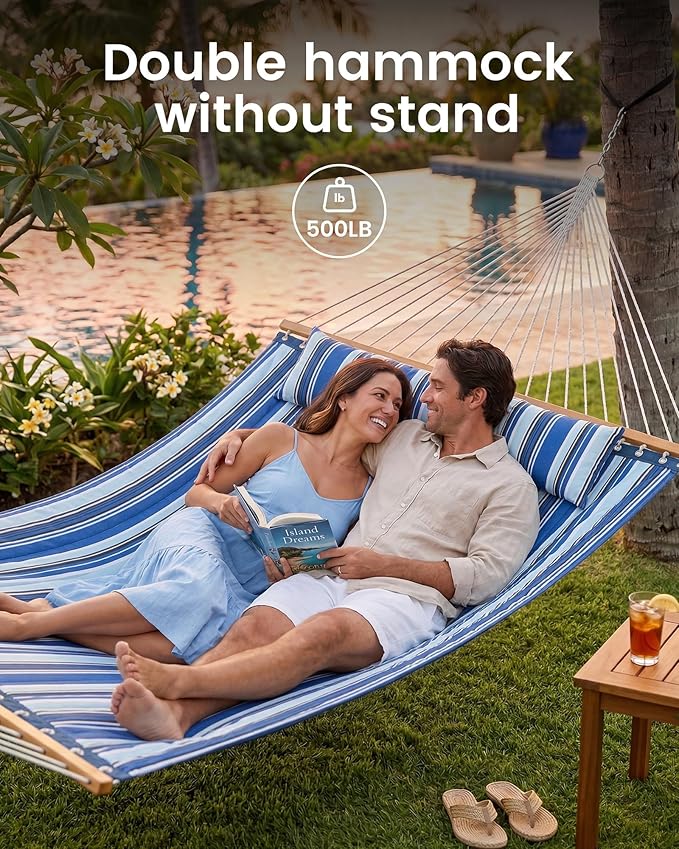Double Quilted Outdoor Hammock for 2 Adults, 500lb Capacity Backyard & Camping Hammock with Pillow and Bamboo Spreader Bar, Fits 11–15ft Hammock Stands (Stand Not Included),Blue