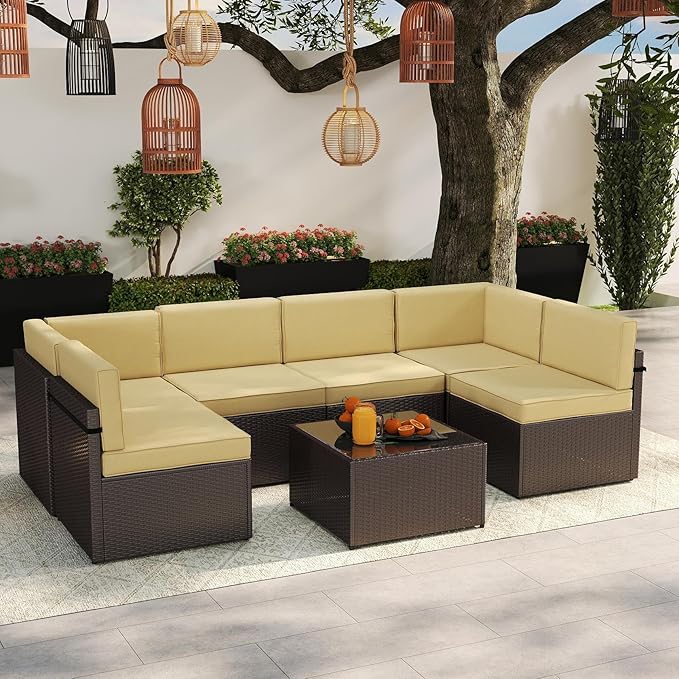 Kinsuite 7Pcs Patio Conversation Set - Wicker Backyard Furniture Outdoor Furniture with Cushions, All-Weather Couch Set with Coffee Table for Garden, Lawn, Deck, Khaki