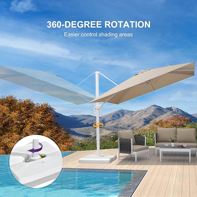 PURPLE LEAF 8 FT Patio Umbrella With Base White Cantilever Umbrella Square Outdoor Offset Umbrella Windproof with 360° Rotation for Garden Deck Pool, Beige