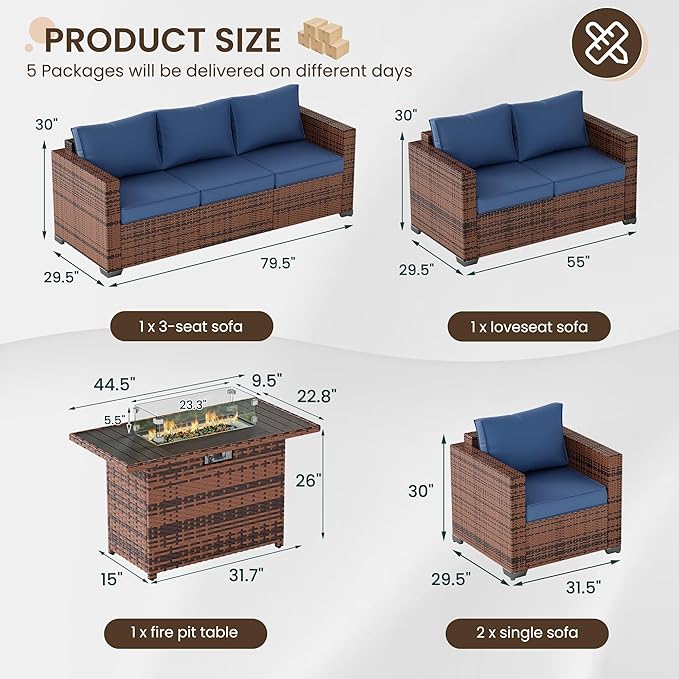 Patio Furniture Set with Fire Pit Table, 5 Pieces Outdoor Furniture Sets, Wicker Patio Conversation Sets w/Waterproof Covers for Backyard, Porch, Balcony, Poolside(Navy Blue)