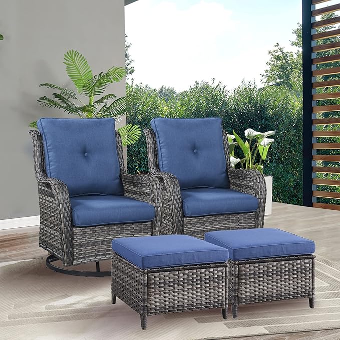 Rilyson Wicker Patio Furniture Set - 4 Piece Rattan Outdoor Patio Conversation Sets with 2 Swivel Rocking Chairs,2 Ottomans for Porch Deck Garden(Mixed Grey/Blue)