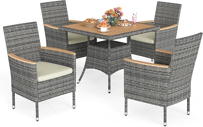 Wisteria Lane Patio Dining Sets for 12, All Weather Rattan Outdoor Table and Chairs with Acacia Wood Tabletop, Patio Dining Furniture with Removable Cushions for Deck Garden, Backyard, Gray