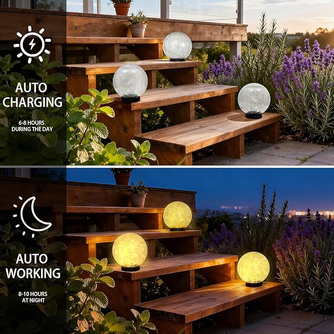 HOTEAGLE Solar Globe Lights Outdoor Waterproof-Large 2-Pack Solar Balls Lights for Outside Garden-Cracked Glass Ball Solar Lights for Garden Patio & Lawn Backyard Decor (Yellow, 5.9 inch)